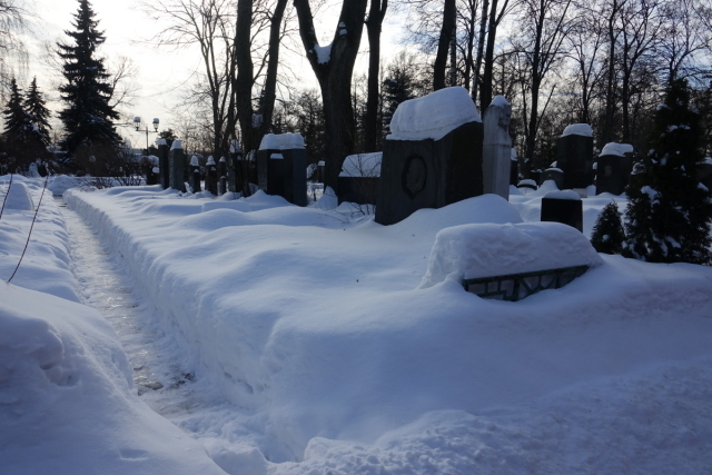 눈에 뒤덮인 노보데비치 수도원 묘지. 키가 낮은 묘비는 눈에 파묻혀 형체를 구별할 수 없는 상황이었다. /신양란