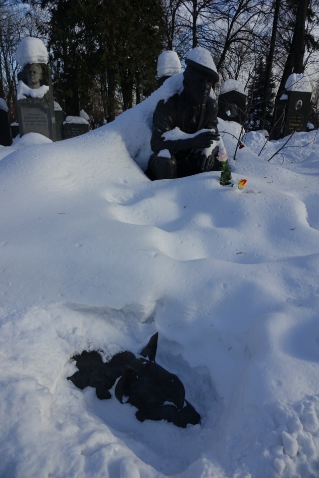 러시아의 배우 유리 니쿨린의 묘를 여름과 겨울에 찍은 사진. 주인 곁에 함께 조각된 그의 애완견이 인상적인데, 폭설이 내린 날에도 애완견의 모습이 드러나게 한 것이 재미있다. 