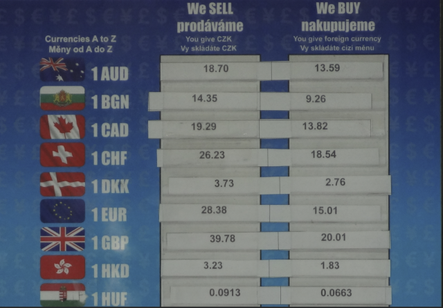 프라하 구시가지 환전소에서 내 건 환율표. 유로화의 경우, 살 때와 팔 때 거의 배 차이가 난다./신양란 작가