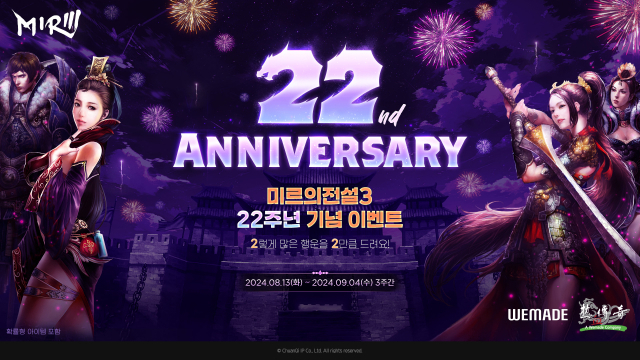 위메이드 자회사 전기아이피의 <미르의 전설3>가 서비스 22주년 기념 이벤트를 진행한다. /위메이드