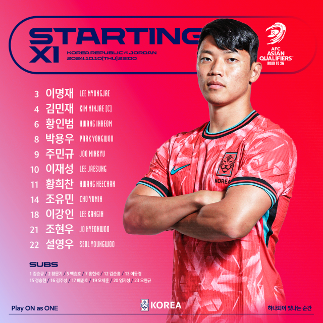 대한민국 축구대표팀의 요르단전 선발 라인업이 공개됐다/대한축구협회