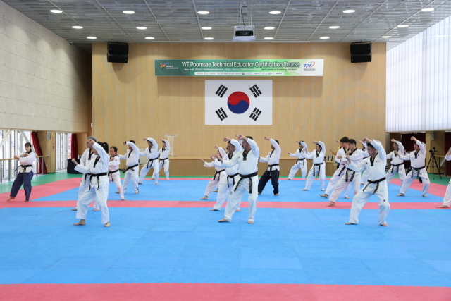 WT 품새 실기강사 교육과정 참가자들이 실기 교육을 받고 있다. /태권도진흥재단 제공