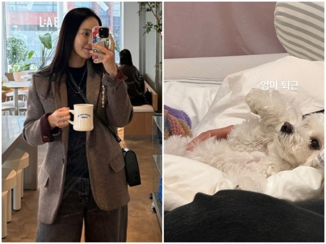 거울 셀카를 찍는 박지윤과 반려견./박지윤 소셜미디어