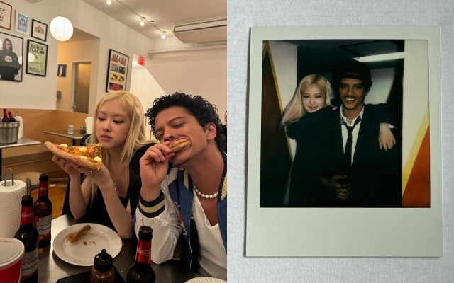 Groupe Blackpink Rosé et Bruno Mars' Pizza Date (à gauche), Polaroïd des deux / Instagram de Rosé