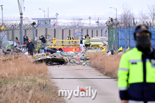 지난 29일 오전 전남 무안국제공항으로 착륙하던 방콕발 제주항공 2216편이 랜딩기어 고장으로 동체 착륙을 하던 중 활주로를 이탈해 울타리 외벽과 충돌한 뒤 큰 폭발 했다. 사고 하루가 지난 30일 오전 소방당국이 추가 수색을 하고 있다. /곽경훈 기자