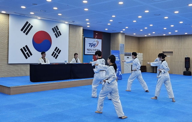 태권도 직무연수 교원들이 태권도 발표 과목에 참가하고 있다. /태권도진흥재단 제공