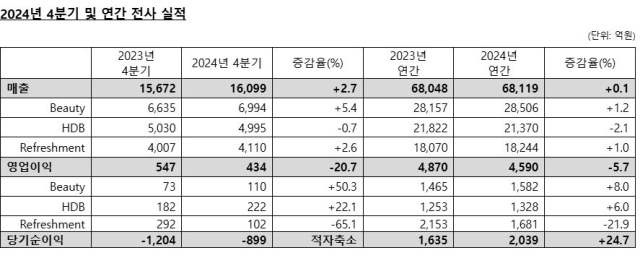 LG생활건강 2024년 4분기 및 연간 전사 실적. /LG생활건강