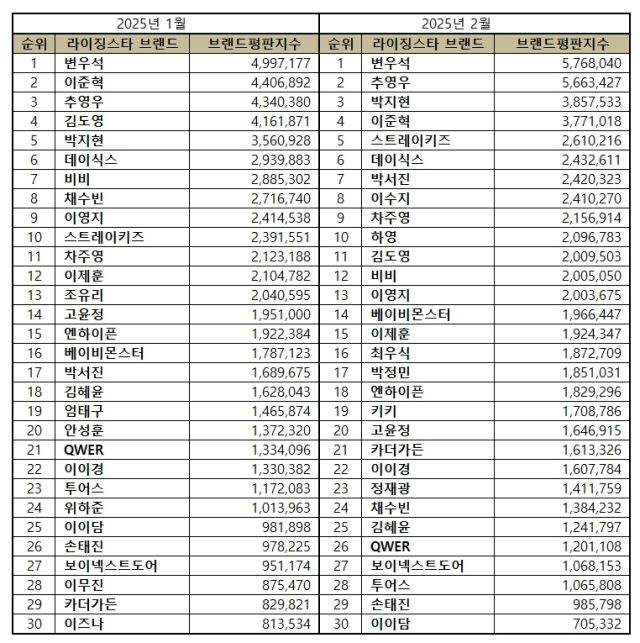 2025년 2월 라이징 스타 브랜드평판/한국기업평판연구소