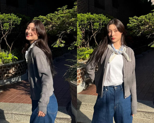 가디건 패션에 스카프를 매 스타일리시한 면모를 보여줬다. /정채연 인스타그램