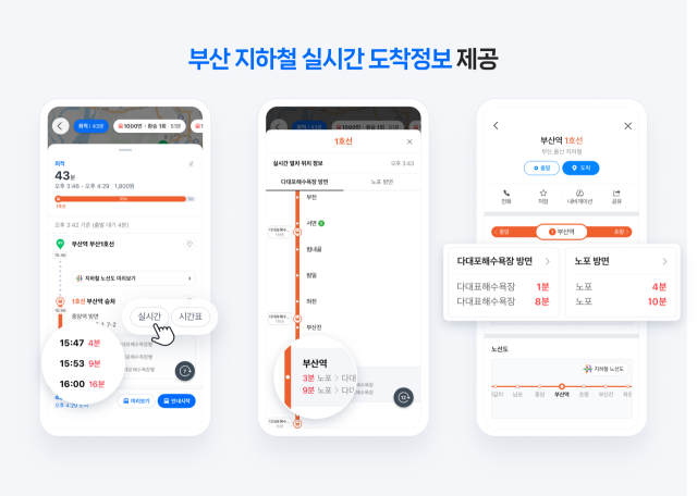 네이버는 네이버 지도에서 부산도시철도 1~4호선의 실시간 도착 정보와 열차 위치 정보를 제공한다. /네이버