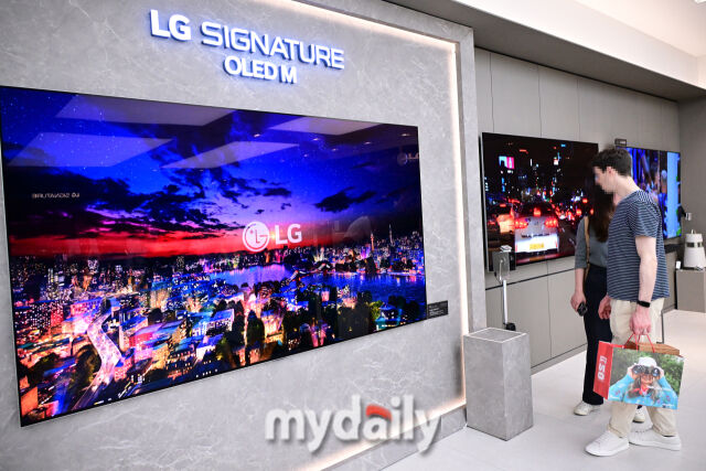 현대백화잠 판교점 LG 베스트샵 매장을 찾은 고객이 전시된 OLED TV를 바라보고 있다. 