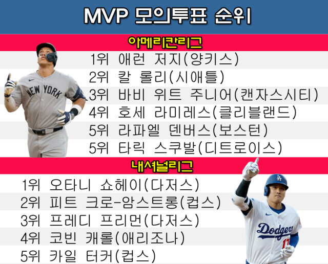 저지와 오타니가 4일 발표된 MVP 모의투표에서 1위에 올랐다. /그래픽=심재희 기자
